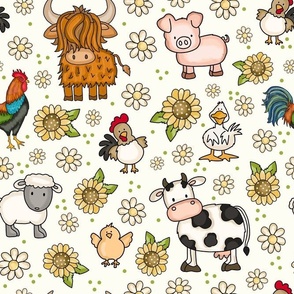Large Scale Farm Animals Sunflowers and Daisy Flowers on Ivory