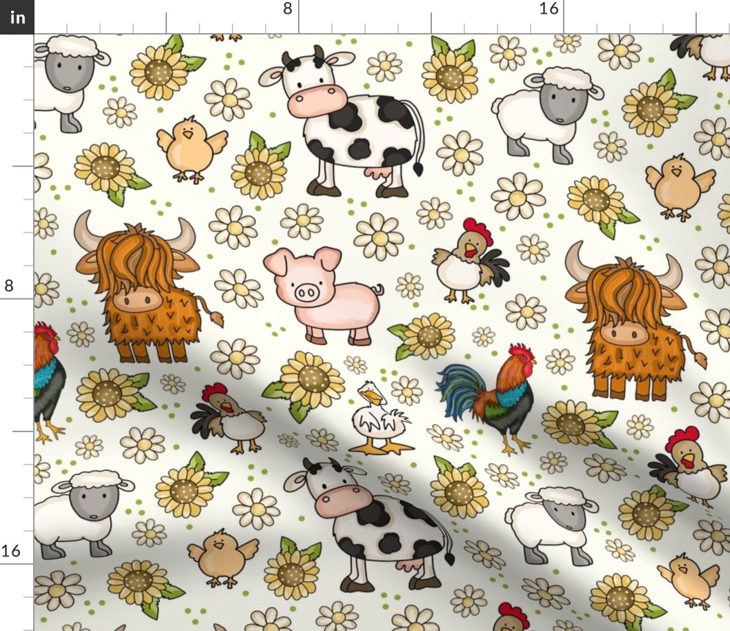 Large Scale Farm Animals Sunflowers and Daisy Flowers on Ivory