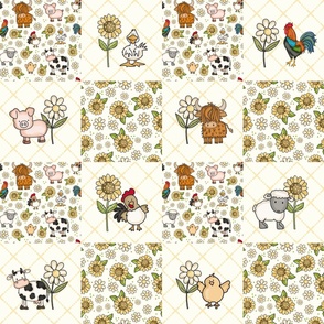 Bigger Scale Patchwork 6" Squares Farm Animals Daisy Flowers Sunflowers on Ivory for Cheater Quilt or Blanket
