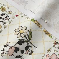 Smaller Scale Patchwork 3" Squares Farm Animals Daisy Flowers Sunflowers on Ivory for Cheater Quilt or Blanket