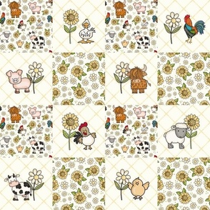 Smaller Scale Patchwork 3" Squares Farm Animals Daisy Flowers Sunflowers on Ivory for Cheater Quilt or Blanket