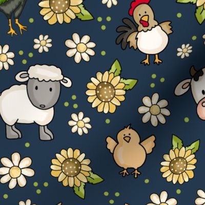 Large Scale Farm Animals Sunflowers and Daisy Flowers on Navy