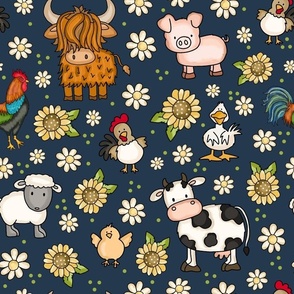 Large Scale Farm Animals Sunflowers and Daisy Flowers on Navy