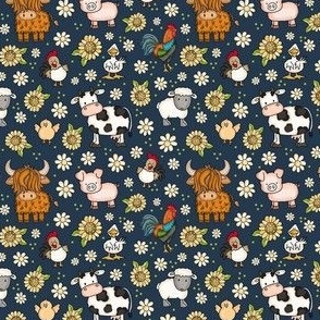 Small Scale Farm Animals Sunflowers and Daisy Flowers on Navy