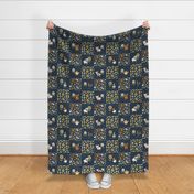 Bigger Scale Patchwork 6" Squares Farm Animals Sunflowers and Daisy Flowers on Navy for Cheater Quilt or Blanket