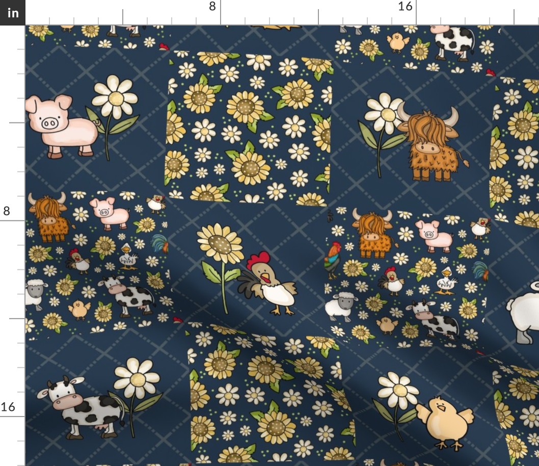 Bigger Scale Patchwork 6" Squares Farm Animals Sunflowers and Daisy Flowers on Navy for Cheater Quilt or Blanket