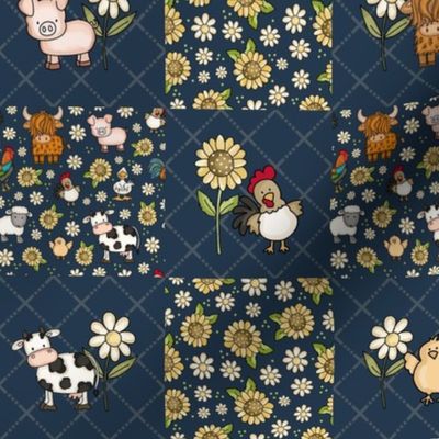 Smaller Scale Patchwork 3" Squares Farm Animals Sunflowers and Daisy Flowers on Navy for Cheater Quilt or Blanket