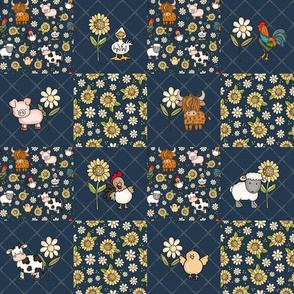 Smaller Scale Patchwork 3" Squares Farm Animals Sunflowers and Daisy Flowers on Navy for Cheater Quilt or Blanket