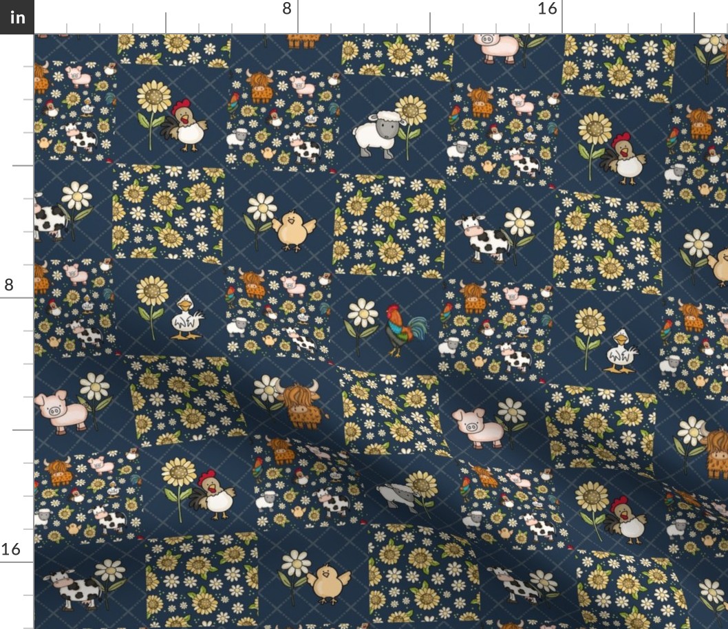 Smaller Scale Patchwork 3" Squares Farm Animals Sunflowers and Daisy Flowers on Navy for Cheater Quilt or Blanket