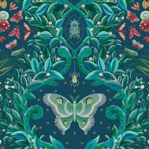 Magic in the jungle at night - dark color themed quirky damask with moths, snakes and mushroom - large  scale.