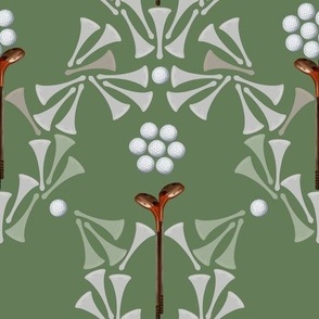 Golf Tee ball and club Damask on Green