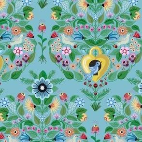 Folk art style graphical floral damask with birds , bird houses - quirky and graphical - small repeat.