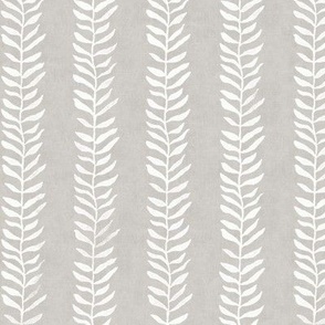 Botanical Block Print, White on Taupe | Leaf pattern fabric from original block print, warm gray, beige, neutral decor, block printed plant fabric, fawn and white.