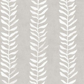 Botanical Block Print, White on Taupe (large scale) | Leaf pattern fabric from original block print, warm gray, beige, neutral decor, block printed plant fabric, fawn and white.