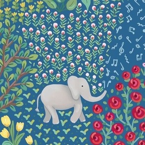 Magical jungle seen with baby elephants playing on flower fields at night - large .