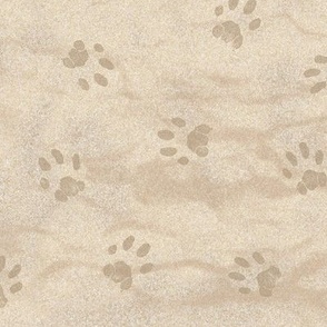 Paw Prints in the Sand (large scale) | Block print paws, cat paw prints on a sandy beach, cat fabric, beach fabric, pets, pet prints, paw print, coastal decor.