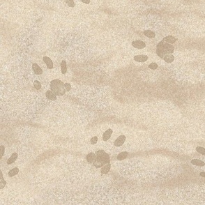 Paw Prints in the Sand (xl scale) | Block print paws, cat paw prints on a sandy beach, cat fabric, beach fabric, pets, pet prints, paw print, coastal decor.
