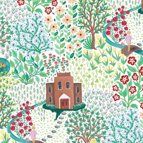 A busy print of colorful  garden scene with cute graphical flowers on white - large .