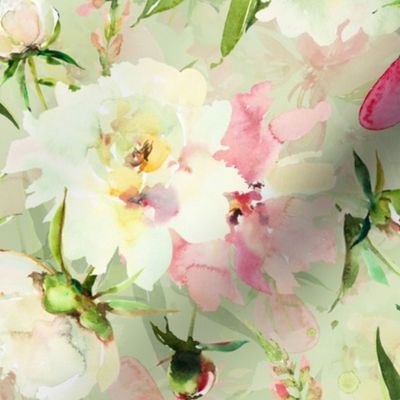  21" Hand Painted Watercolor Baby Girl Spring Flower Peony Daisy Garden -  green