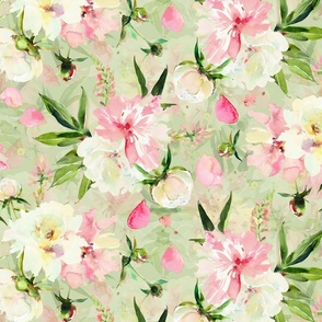  21" Hand Painted Watercolor Baby Girl Spring Flower Peony Daisy Garden -  green