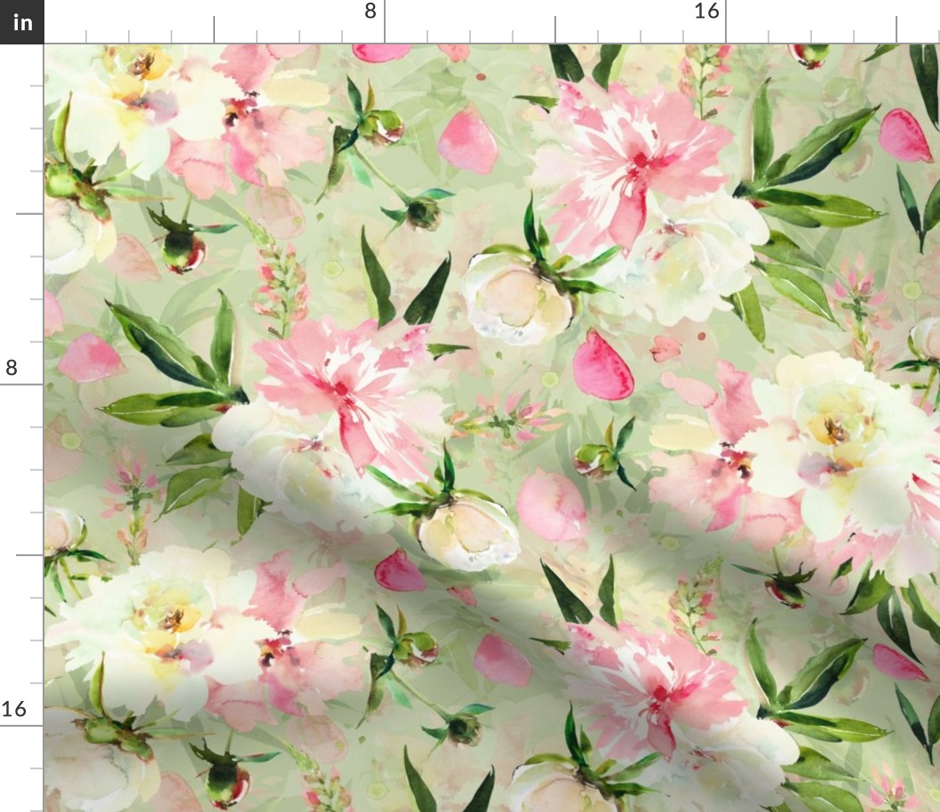  21" Hand Painted Watercolor Baby Girl Spring Flower Peony Daisy Garden -  green