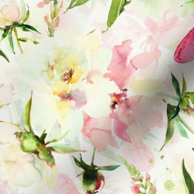  21" Hand Painted Watercolor Baby Girl Spring Flower Peony Daisy Garden -  off white