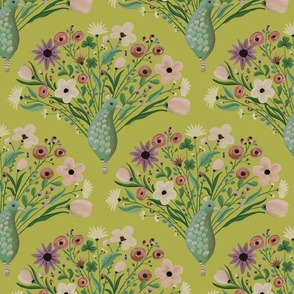 Maximalist pattern of colorful  woodland floral on peacock tails - graphical and quirky - mid size  print.