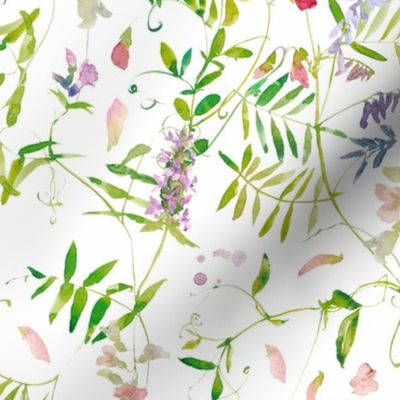 21" Hand painted Watercolor Vines and Climers, Wild Peas, Wildflowers Herbs And Greenery - Perfect for Nursery home decor and wallpaper light green 