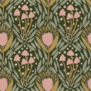 Art deco tulips, mushrooms and leafy vines illustrated 