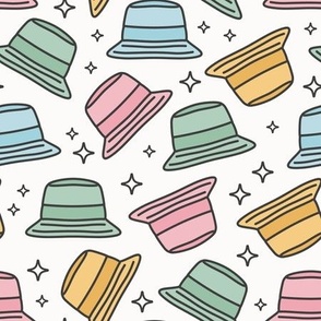 (M Scale) Groovy Summer Bucket Hats and Sparkles on White