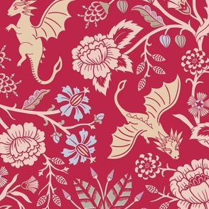 Pollinator dragons - traditional floral on Viva Magenta, colour of the year 2023 - jumbo