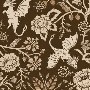 Pollinator dragons - traditional fantasy floral, goth, geek - antique, brown gold - jumbo