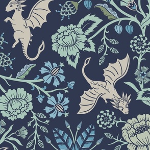 Pollinator dragons - traditional fantasy floral, geek - navy blue and aqua green - jumbo