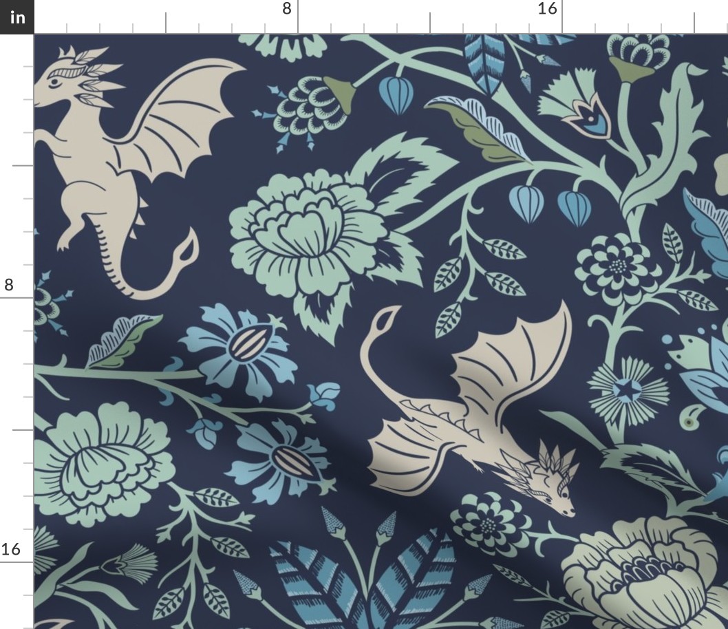 Pollinator dragons - traditional fantasy floral, geek - navy blue and aqua green - jumbo