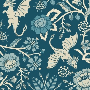 Pollinator dragons - traditional fantasy floral, goth - teal and cream - jumbo