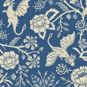 Pollinator dragons - traditional fantasy floral, vintage - french blue and cream - jumbo