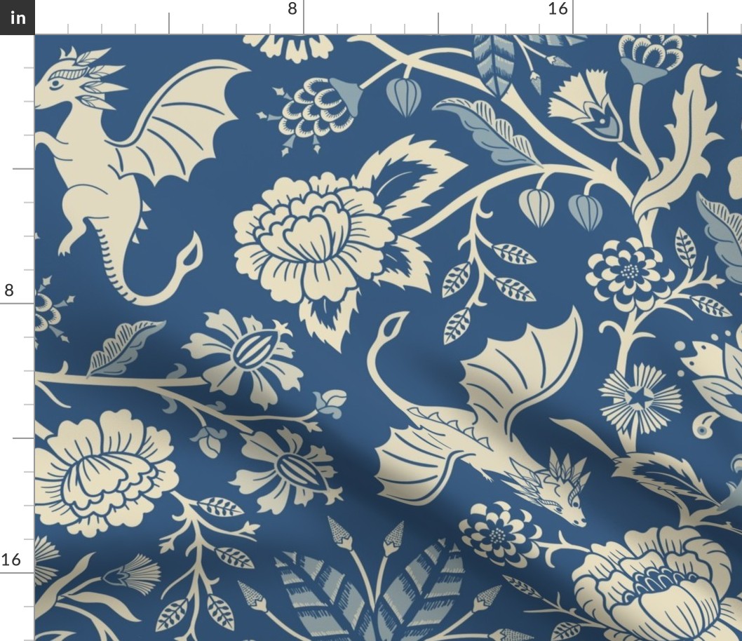 Pollinator dragons - traditional fantasy floral, vintage - french blue and cream - jumbo