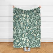 Pollinator dragons - traditional fantasy floral, vintage - muted dusty green - jumbo