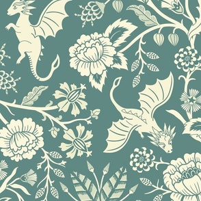 Pollinator dragons - traditional fantasy floral, vintage - muted dusty green - jumbo