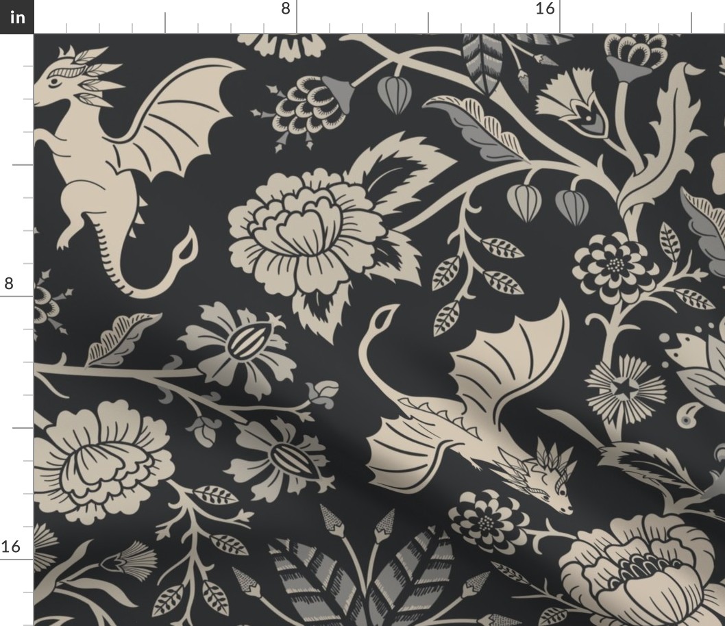 Pollinator dragons - traditional fantasy floral, goth - sepia, charcoal, vintage look - large