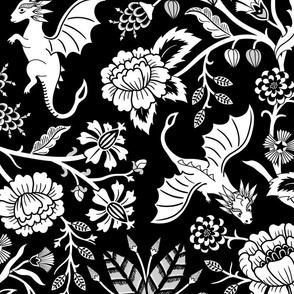 Pollinator dragons - traditional fantasy floral, goth - black and white - jumbo