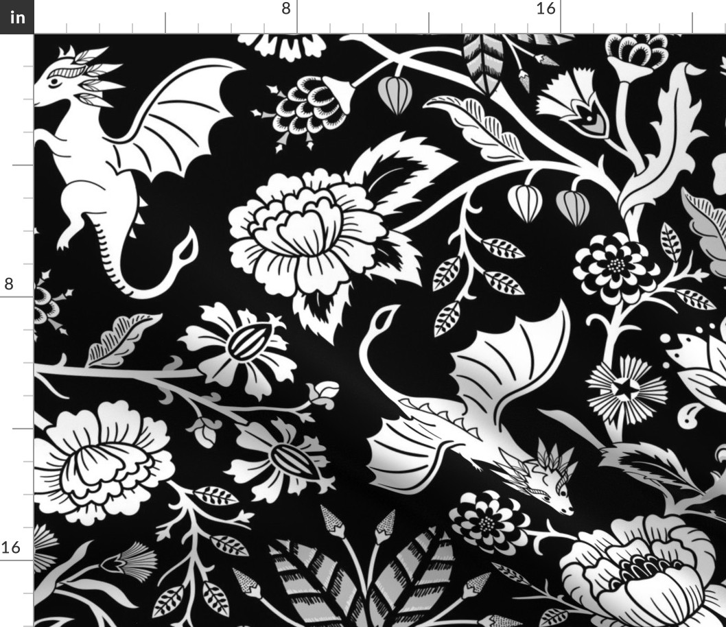 Pollinator dragons - traditional fantasy floral, goth - black and white - jumbo