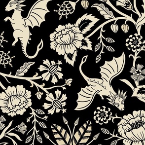 Pollinator dragons - traditional fantasy floral, goth in black and cream - jumbo