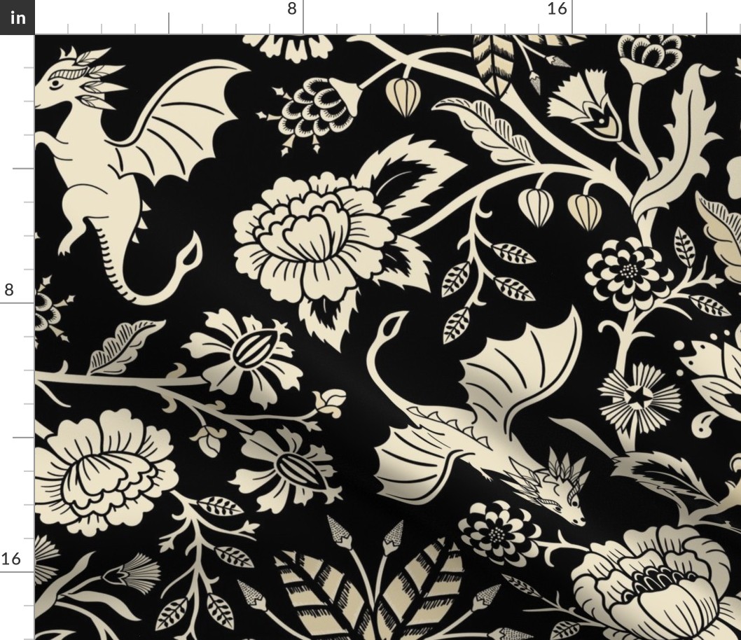 Pollinator dragons - traditional fantasy floral, goth in black and cream - jumbo
