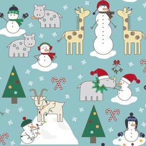 Snowmen in Winter Hats and Mittens with Whimsical Zoo Animals Snowflakes and Trees on Light Teal Medium Scale