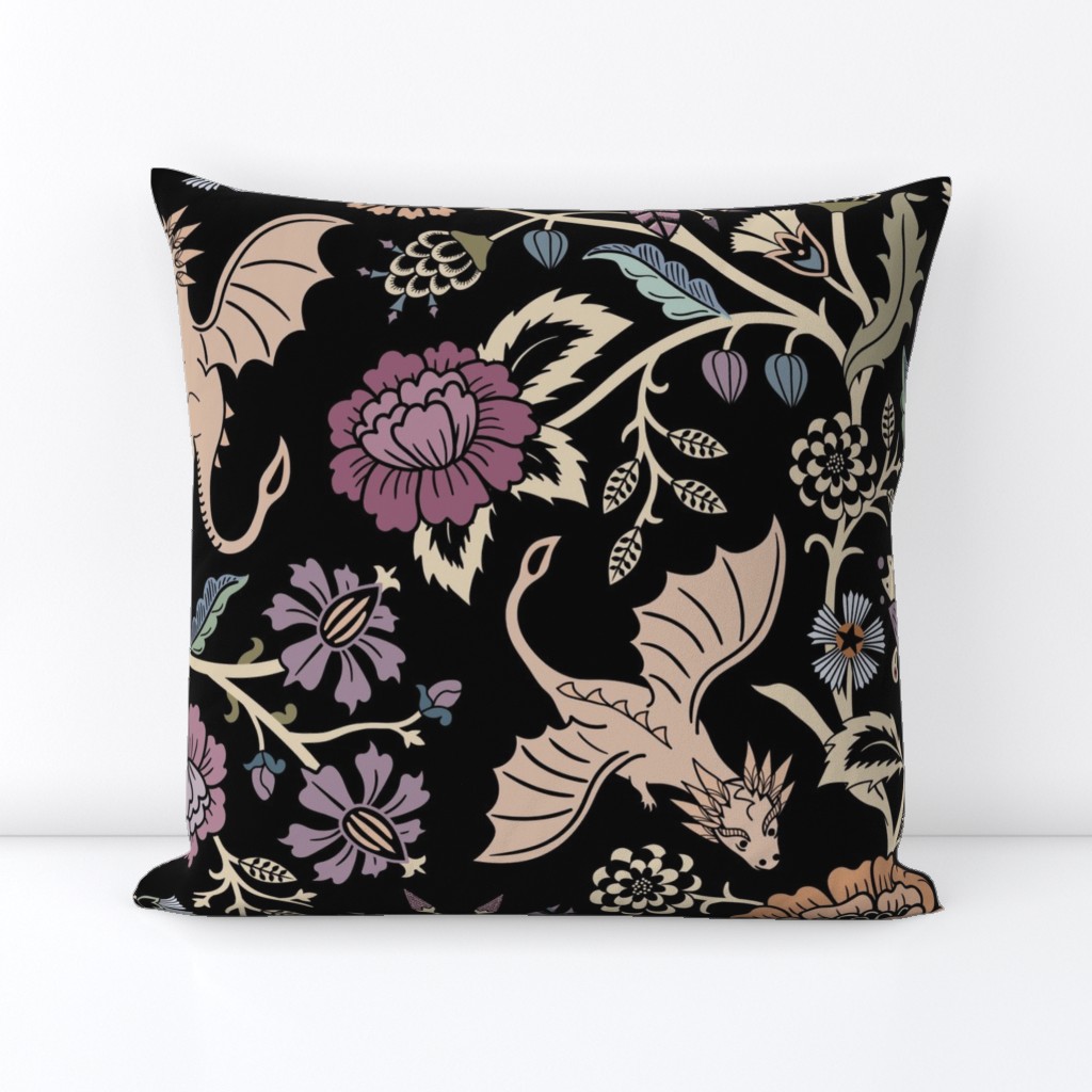 Pollinator dragons - traditional fantasy floral, goth - muted jewel tones on black - jumbo