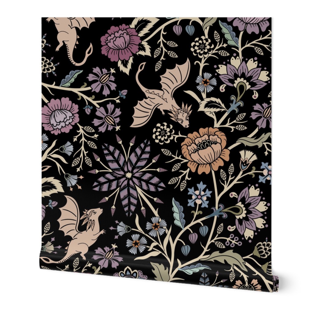 Pollinator dragons - traditional fantasy floral, goth - muted jewel tones on black - jumbo