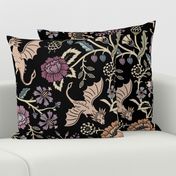 Pollinator dragons - traditional fantasy floral, goth - muted jewel tones on black - jumbo