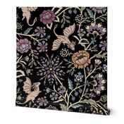Pollinator dragons - traditional fantasy floral, goth - muted jewel tones on black - jumbo