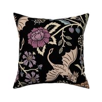 Pollinator dragons - traditional fantasy floral, goth - muted jewel tones on black - jumbo